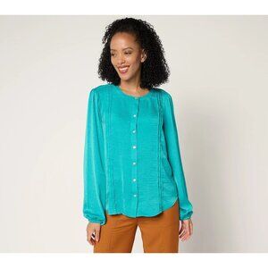 Nicole by Nicole Miller Pleated Shirt Size Small Textured Long Sleeve Green Work